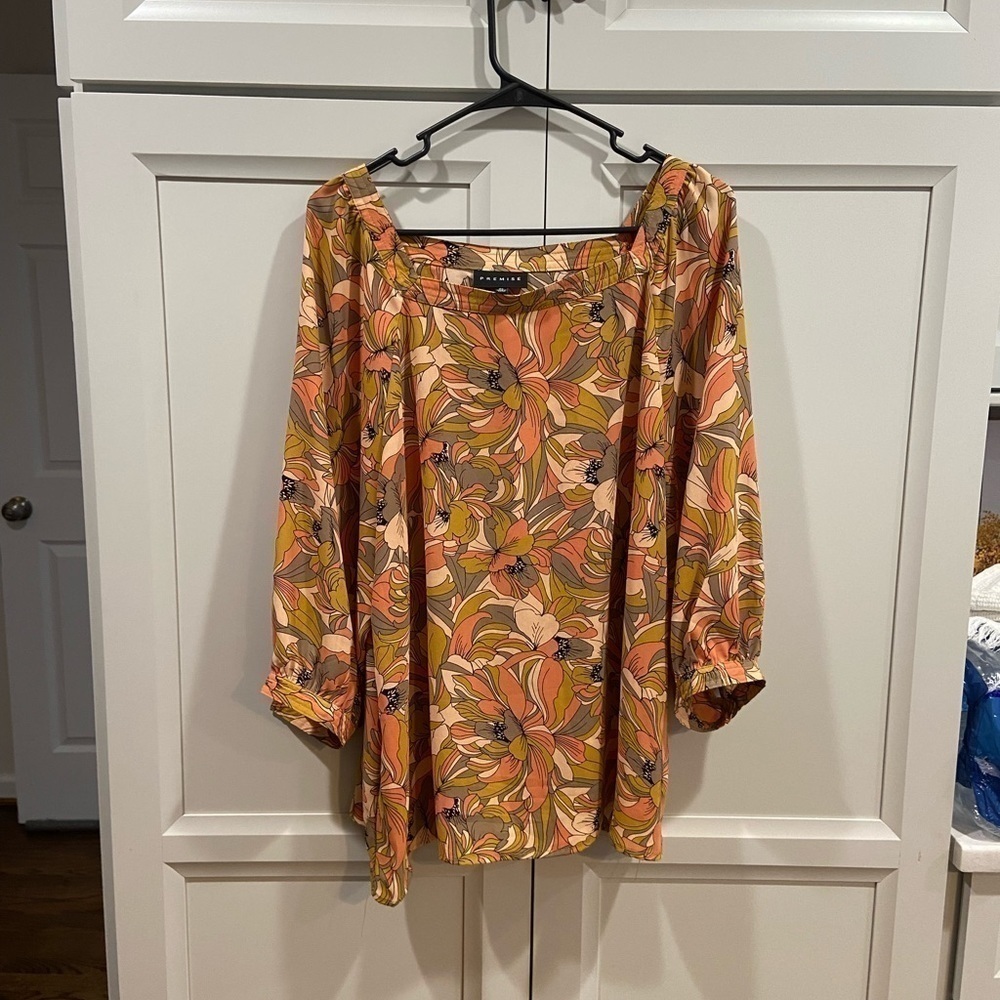 PREMISE Floral Orange and Gold Print Blouse Size XL